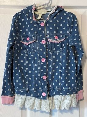 Matilda Jane Girls Size 6 Polka Dot Hooded Jacket Lace Ruffle Pink Buttons